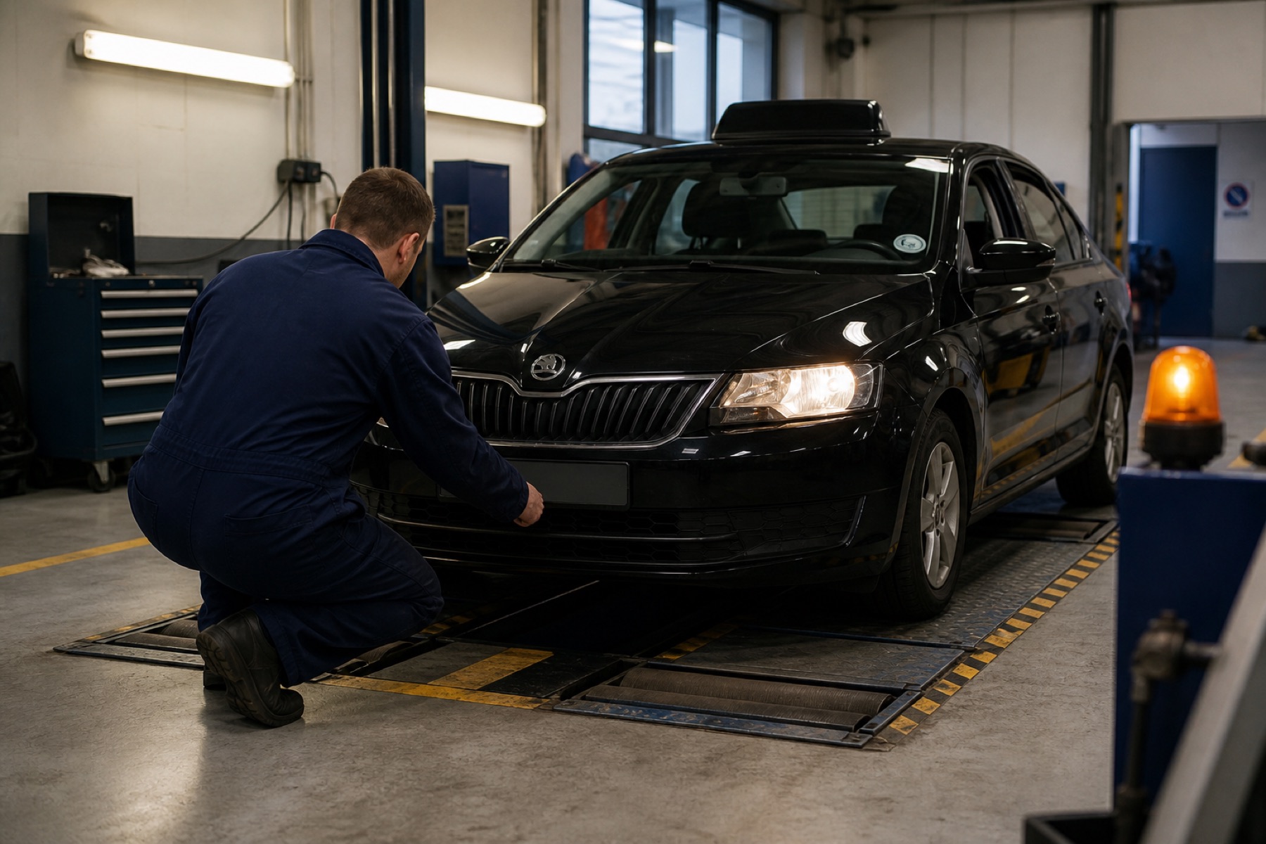 A private hire taxi in a UK MOT inspection bay with a mechanic checking the headlights